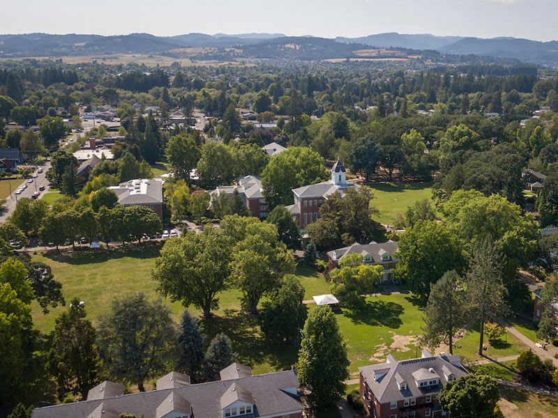 an aerial view of the ѨƵ McMinnville Campus above Pioneer Hall